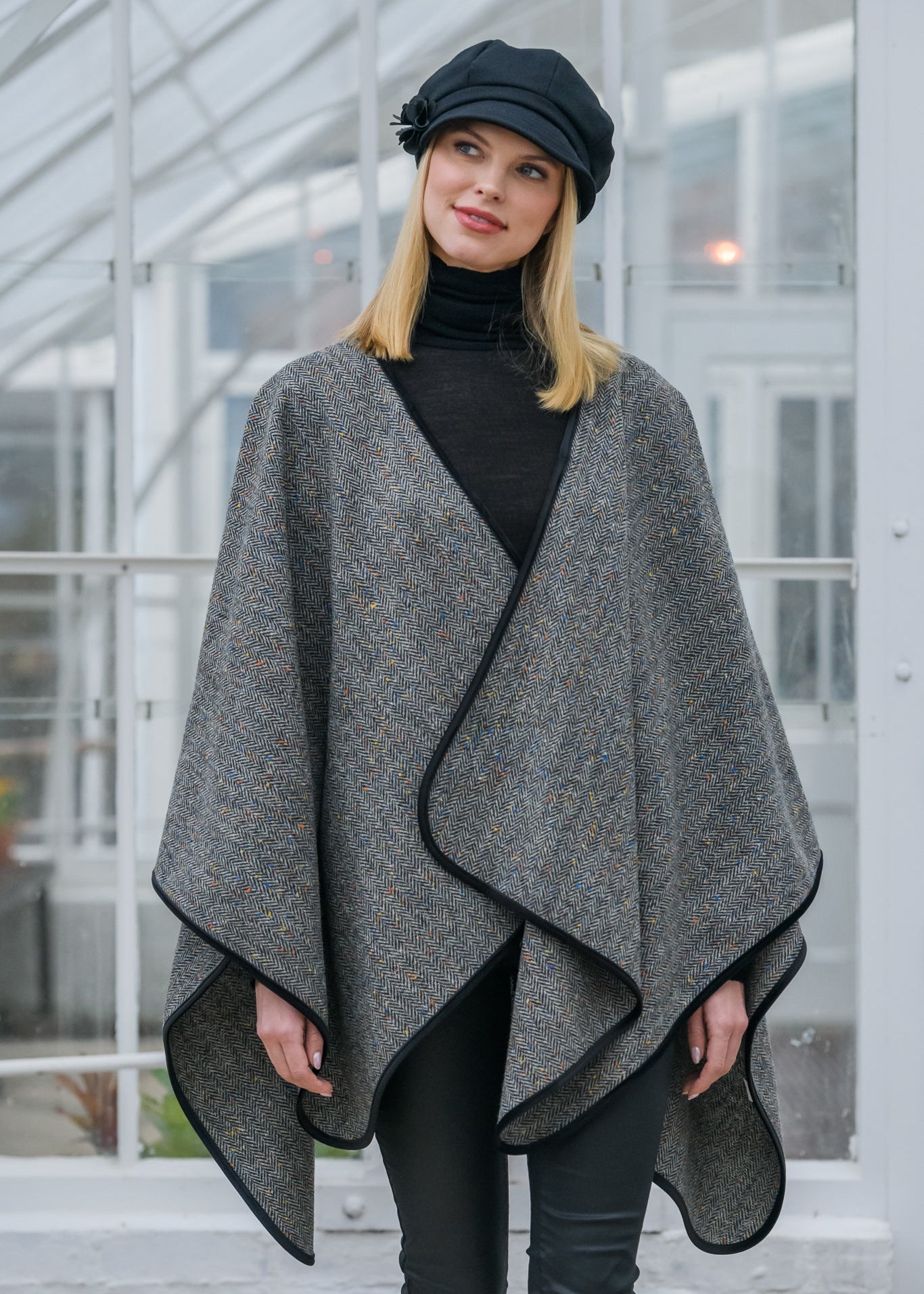 Premium Herringbone Tweed Wrap | 100% Wool Poncho