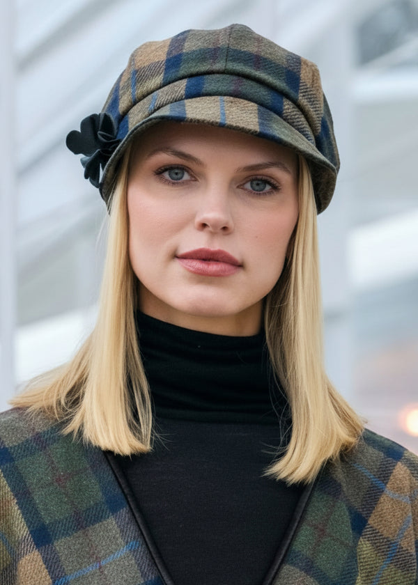 Mucros Weavers Ladies Newsboy Cap | Moss Check | Irish Tweed