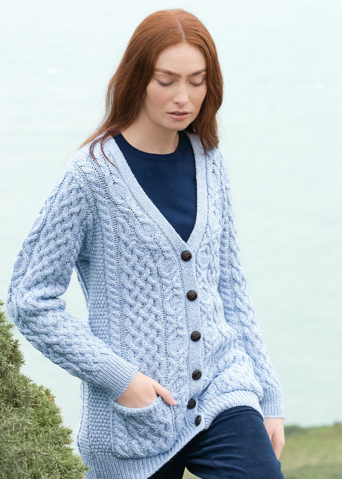 Adare Boyfriend Aran Cardigan | Ice Marl