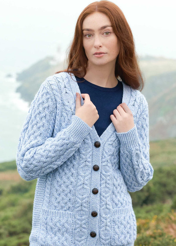 Adare Boyfriend Aran Cardigan | Ice Marl