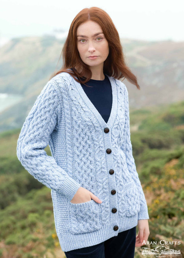 Adare Boyfriend Aran Cardigan | Ice Marl