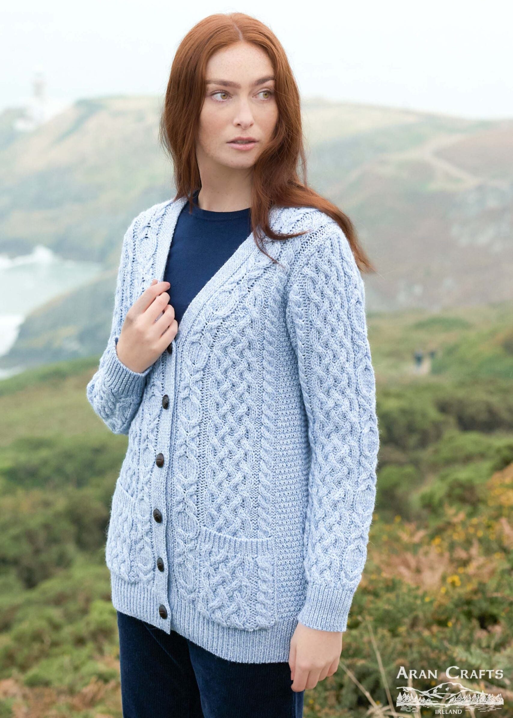 Adare Boyfriend Aran Cardigan | Ice Marl