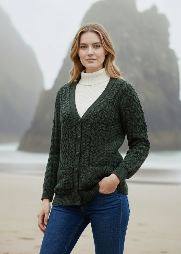 Adare Boyfriend Aran Cardigan | Green