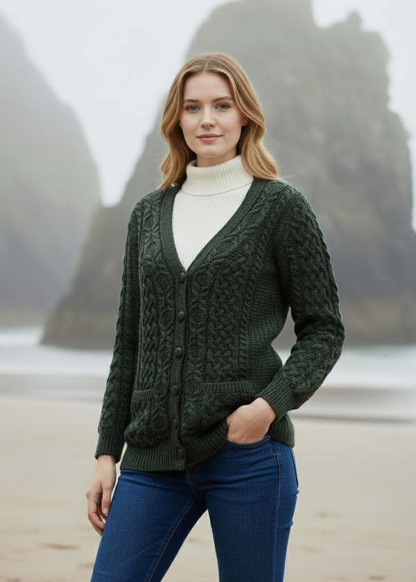 Adare Boyfriend Aran Cardigan | Green