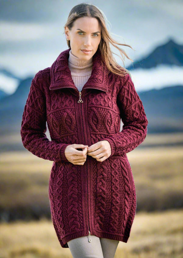 Aran Crafts Wine Double Collar Sweater Coat | Skellig Gift Store