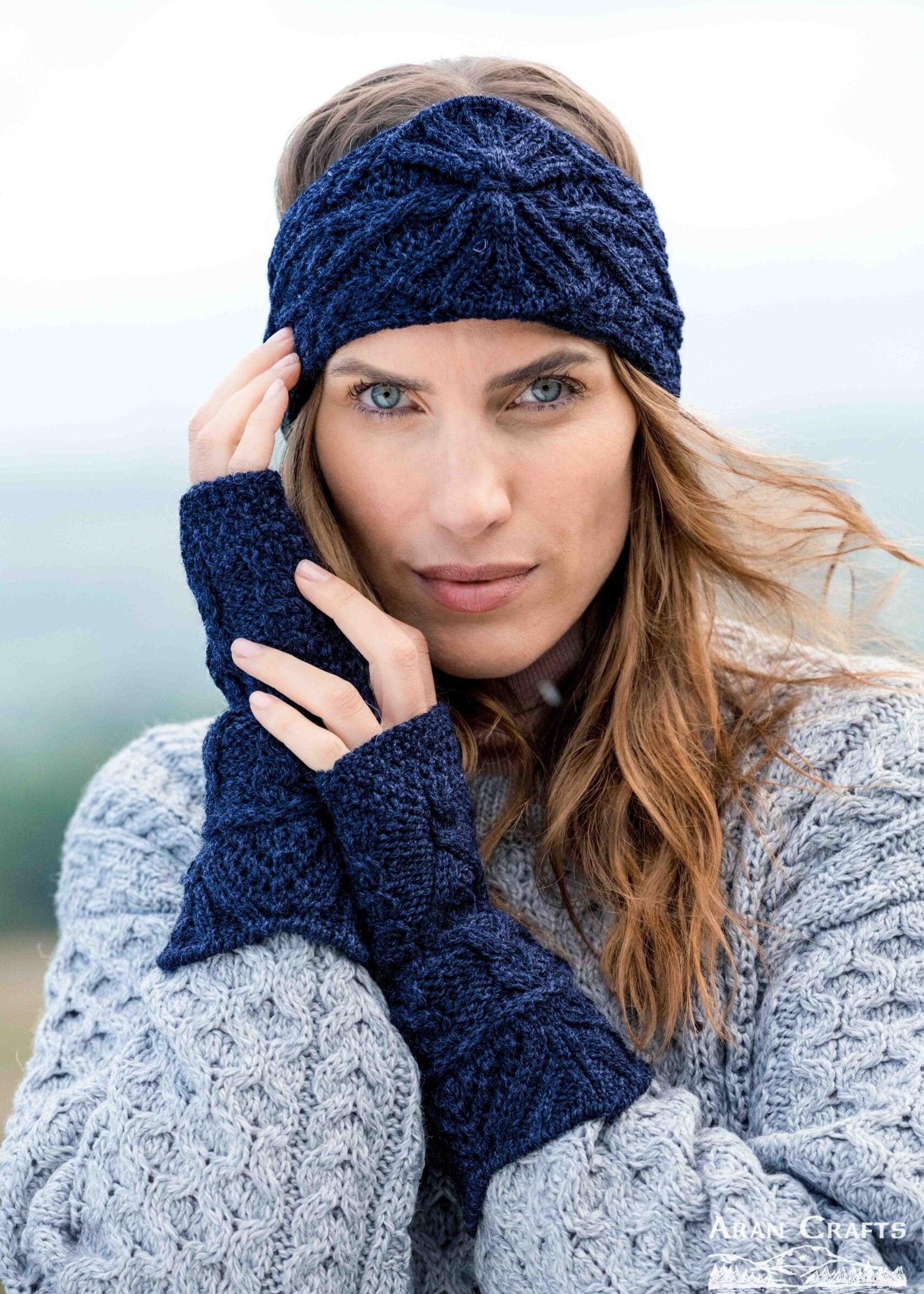 Aran Fingerless Gloves | Blue