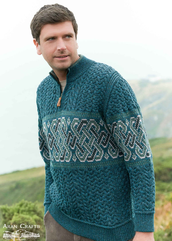 Aran Crafts Celtic Jacquard Zip Sweater | Peacock