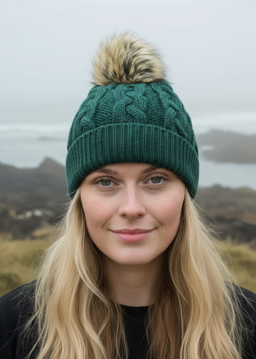 Aran Cable Knit Pom Pom Hat | Cedar