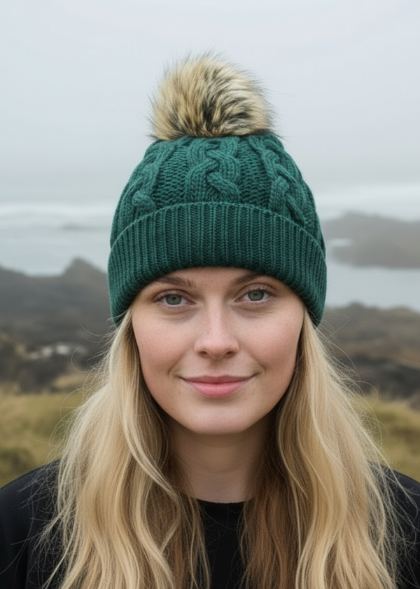 Aran Cable Knit Pom Pom Hat | Cedar