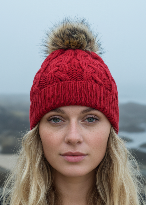 Aran Cable Knit Pom Pom Hat | Red