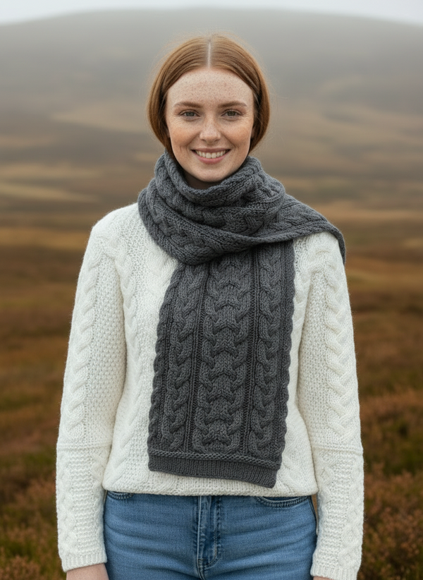 Chunky Cable Knit Aran Scarf | Charcoal