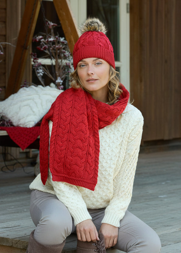 Chunky Cable Knit Aran Scarf - Cherry Red | 100% Merino Wool