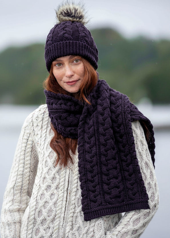 Chunky Cable Knit Aran Scarf | Plum