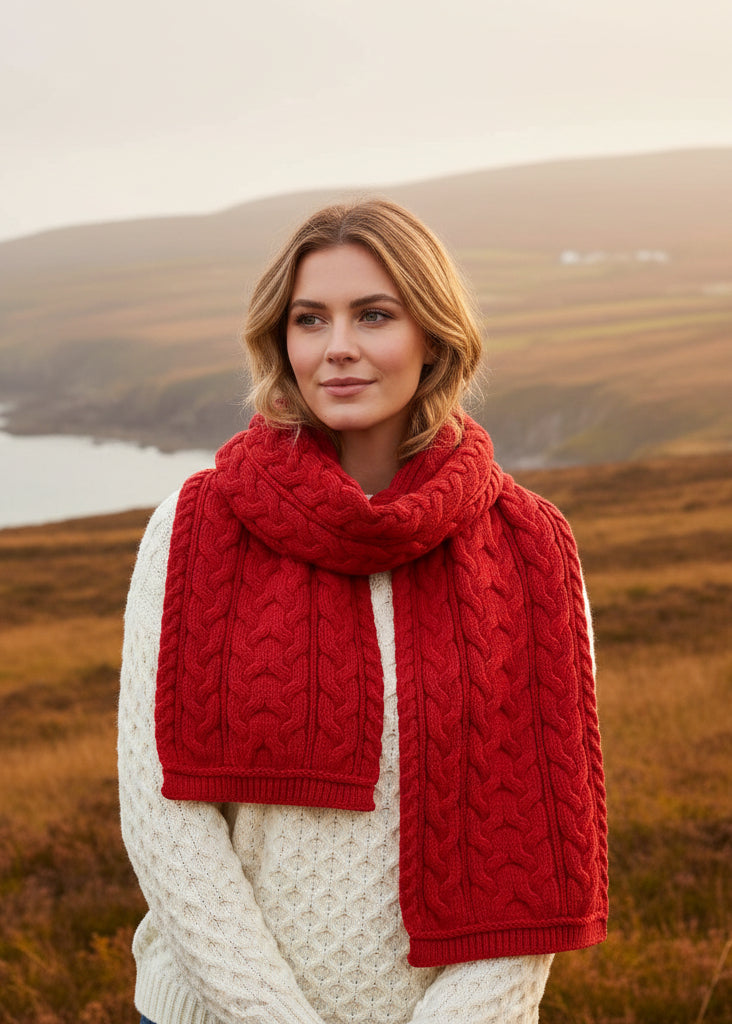 Chunky Cable Knit Aran Scarf - Cherry