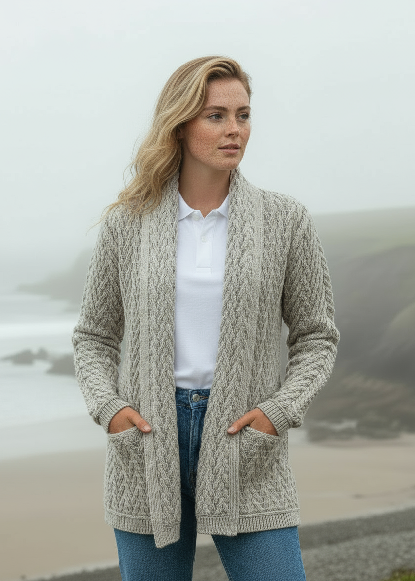 Herringbone Edge to Edge Aran Cardigan | Stone