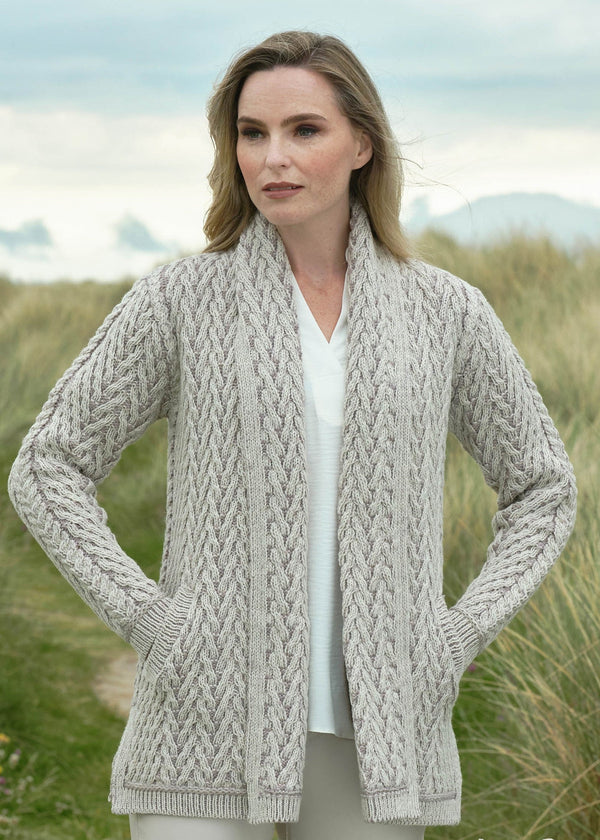 Herringbone Edge to Edge Aran Cardigan | Stone