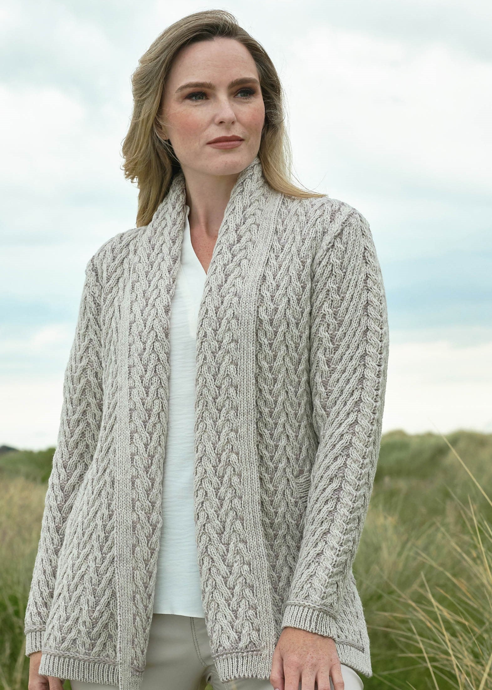 Herringbone Edge to Edge Aran Cardigan | Stone