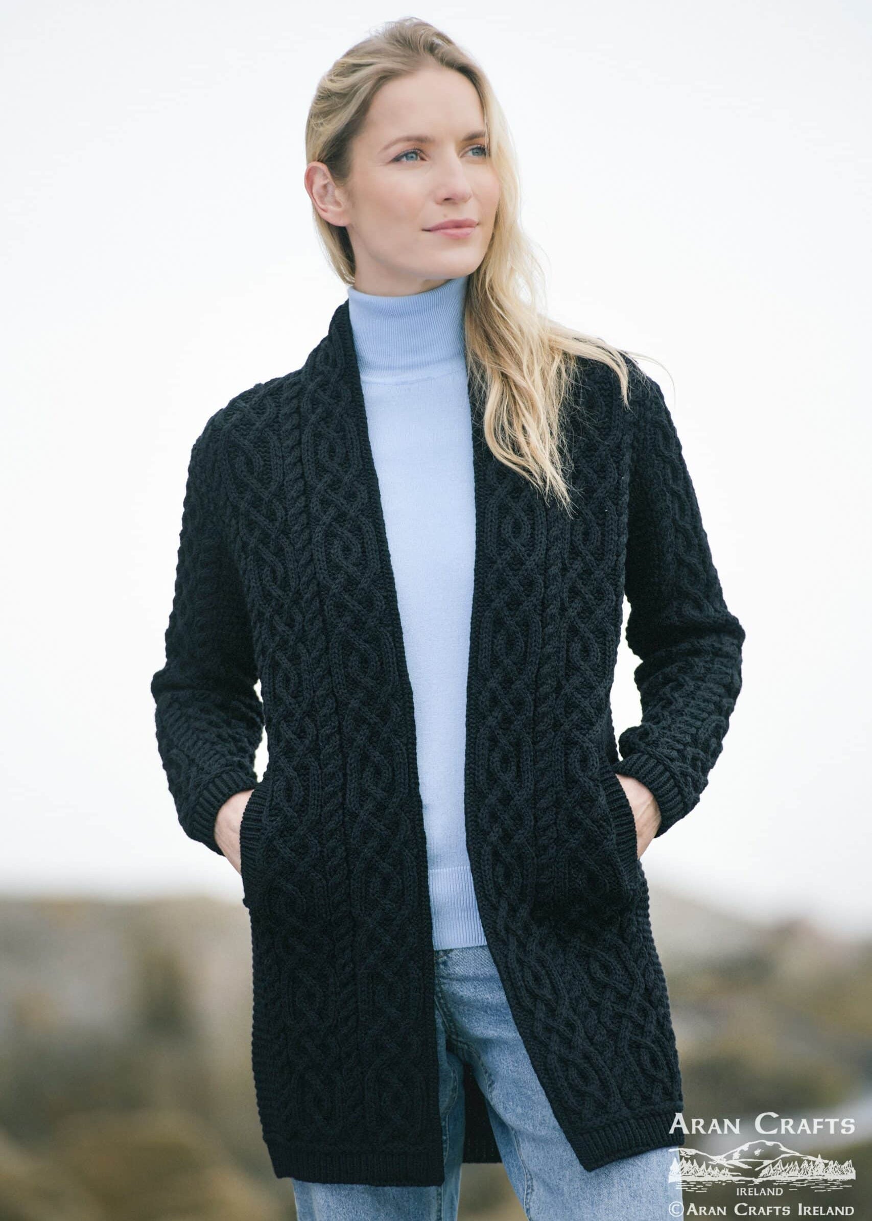 Aran Crafts Women's Black Celtic Braid Edge-to-Edge Merino Wool Coat | Made in Ireland