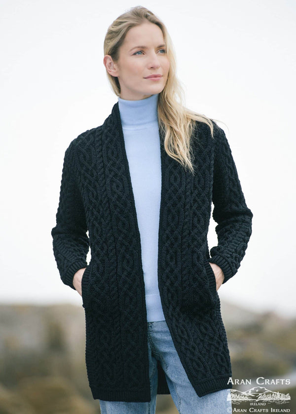 Aran Crafts Women's Black Celtic Braid Edge-to-Edge Merino Wool Coat | Made in Ireland