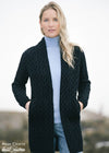 Aran Crafts Women's Black Celtic Braid Edge-to-Edge Merino Wool Coat | Made in Ireland