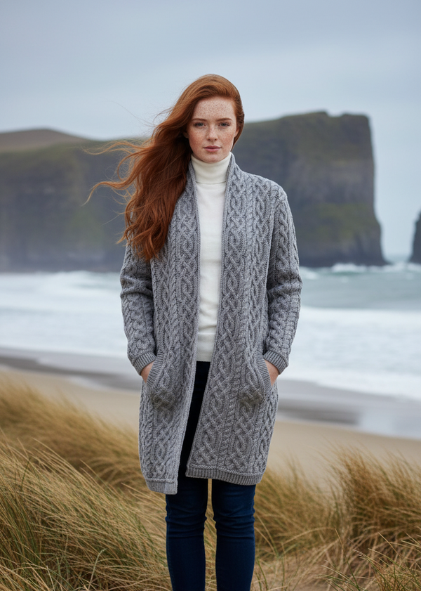 Aran Crafts Celtic Braid Edge To Edge Coat | Grey