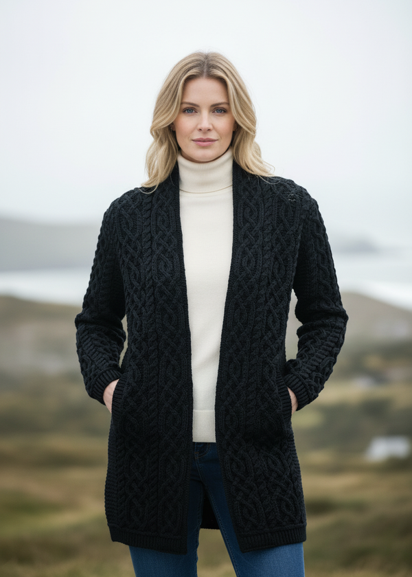 Aran Crafts Merino Wool Celtic Braid Coat | Black