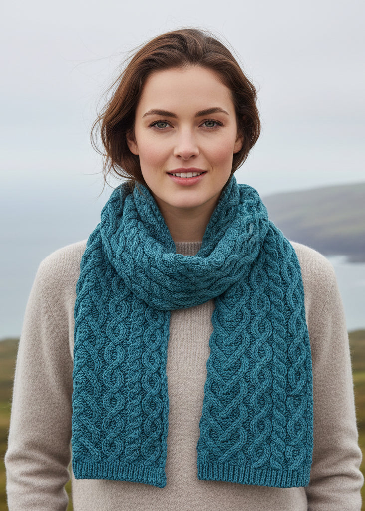 Aran Crafts Merino Wool Heart Cable Scarf - Teal