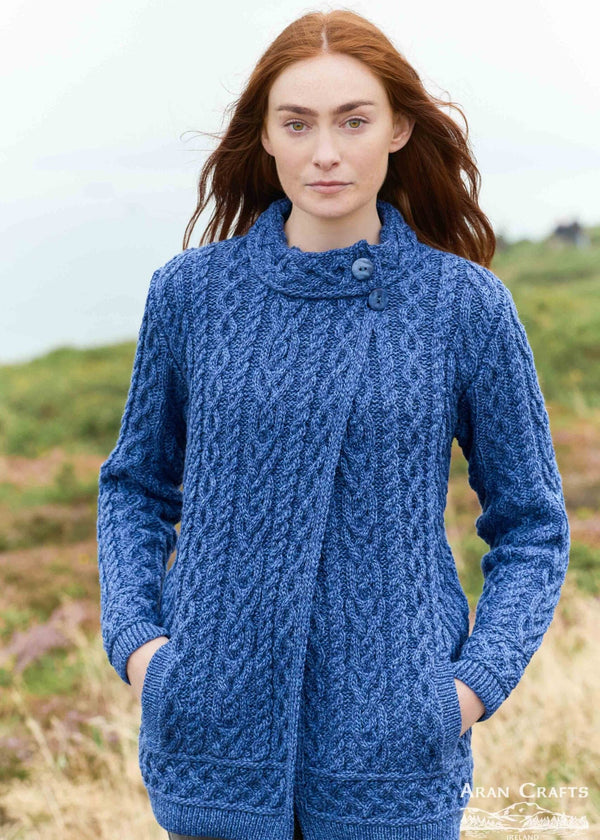 Meath Side Button Aran Cardigan | Blue