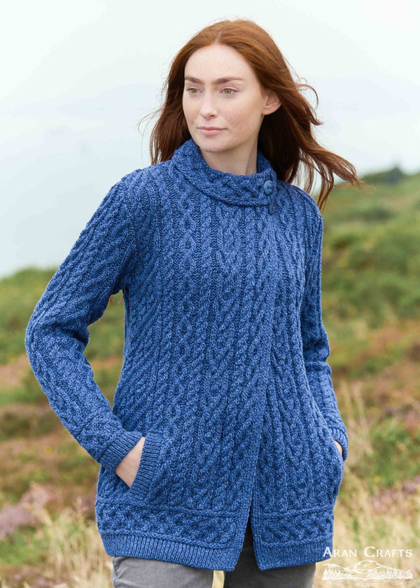 Meath Side Button Aran Cardigan | Blue