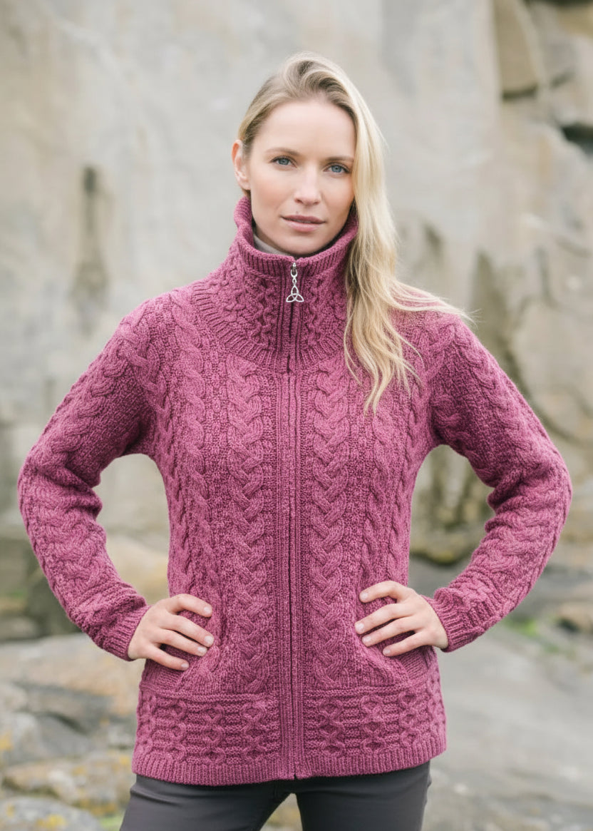 Aran Crafts Double Collar Trinity Cardigan | Berry | 100% Merino Wool