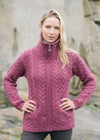 Aran Crafts Double Collar Trinity Cardigan | Berry | 100% Merino Wool
