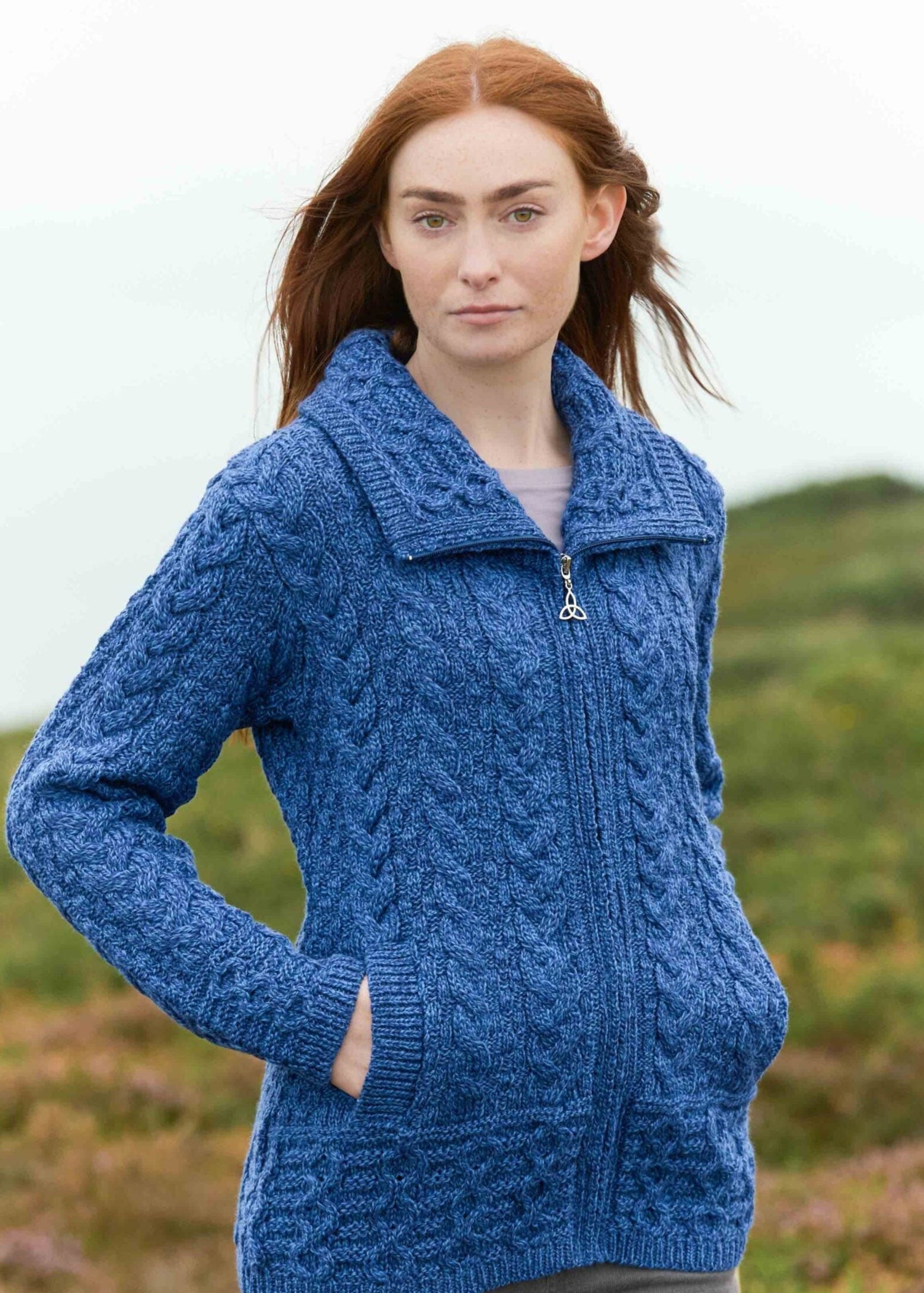 Aran Crafts Double Collar Trinity Cardigan | Blue