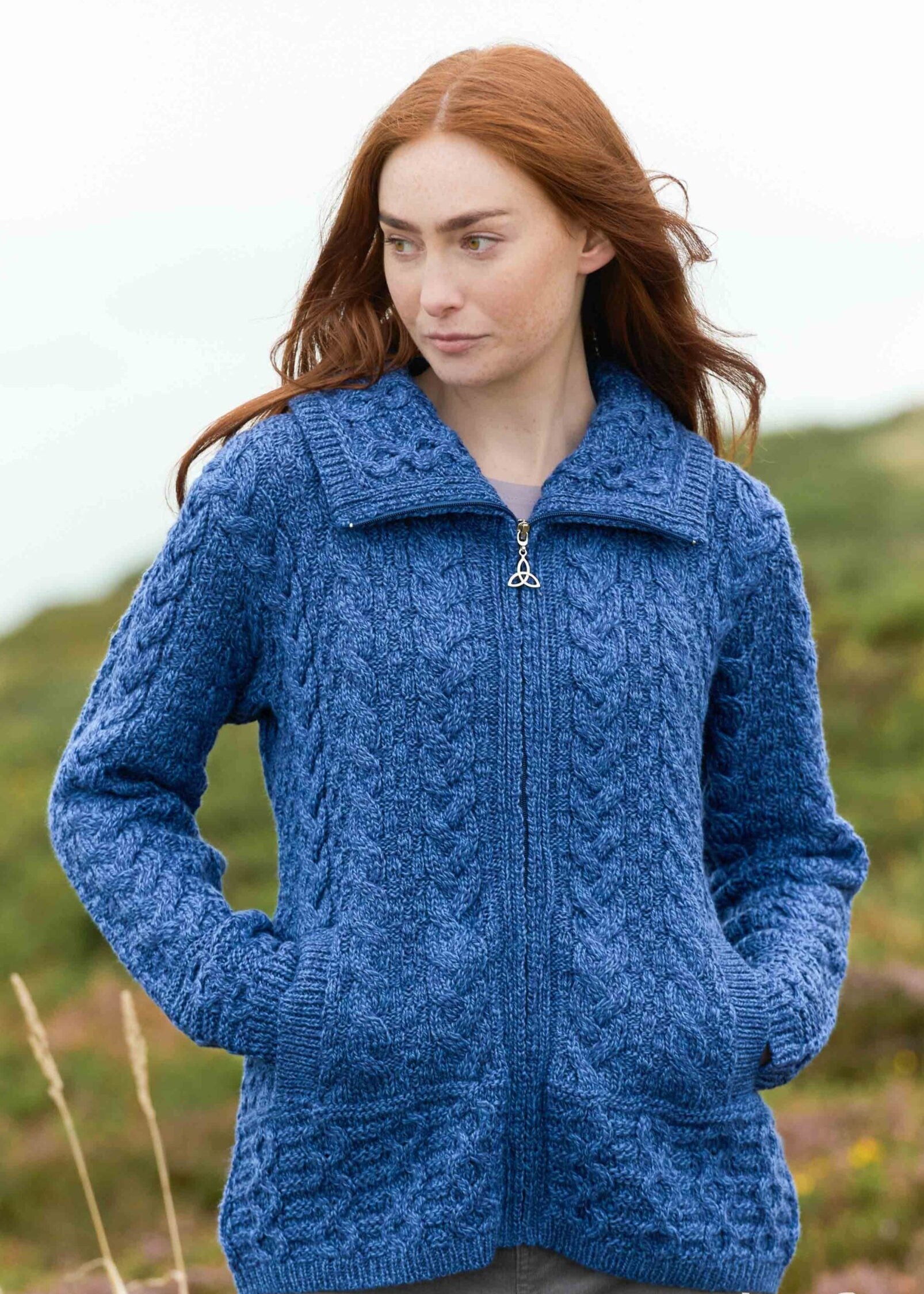 Aran Crafts Double Collar Trinity Cardigan | Blue