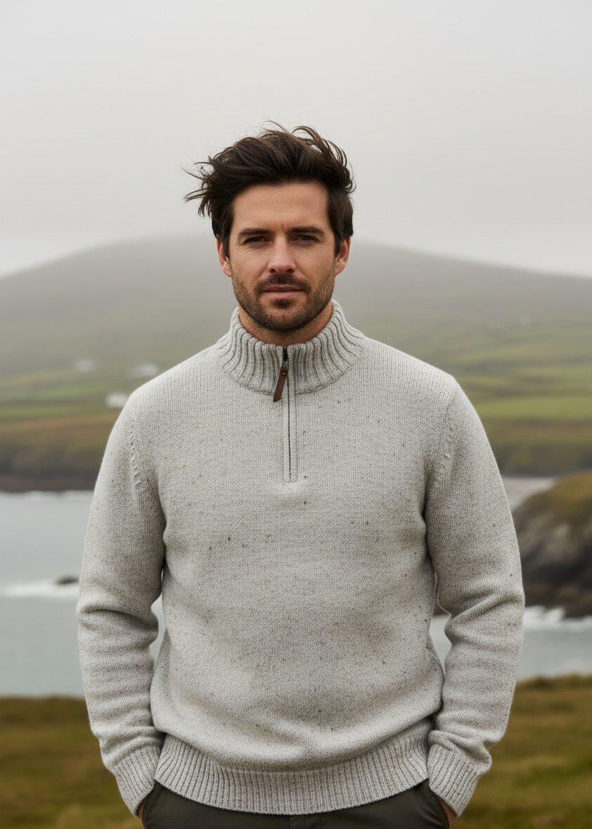 Aran Wool Half Zip Sweater | Skiddaw Oatmeal | Irish Knit