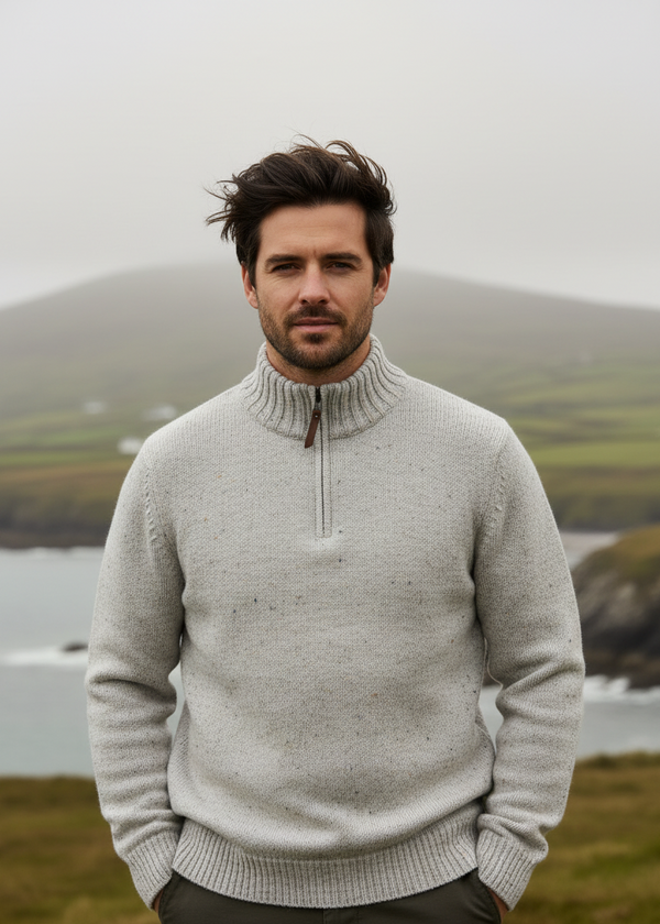 Aran Wool Half Zip Sweater | Skiddaw Oatmeal | Irish Knit