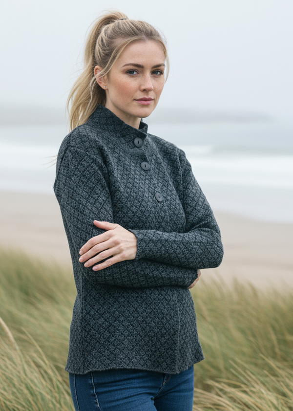Foxford Chequered Merino Aran Jacket | Charcoal