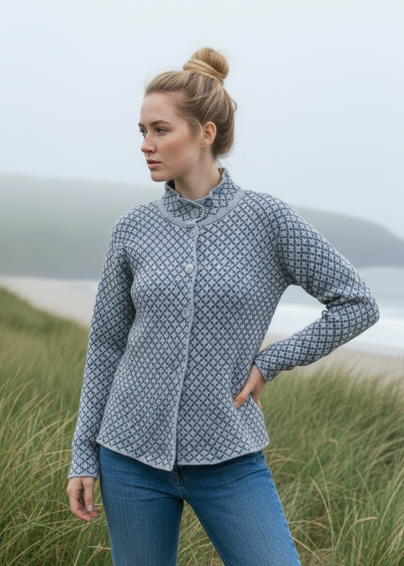 Foxford Chequered Merino Aran Jacket | Grey