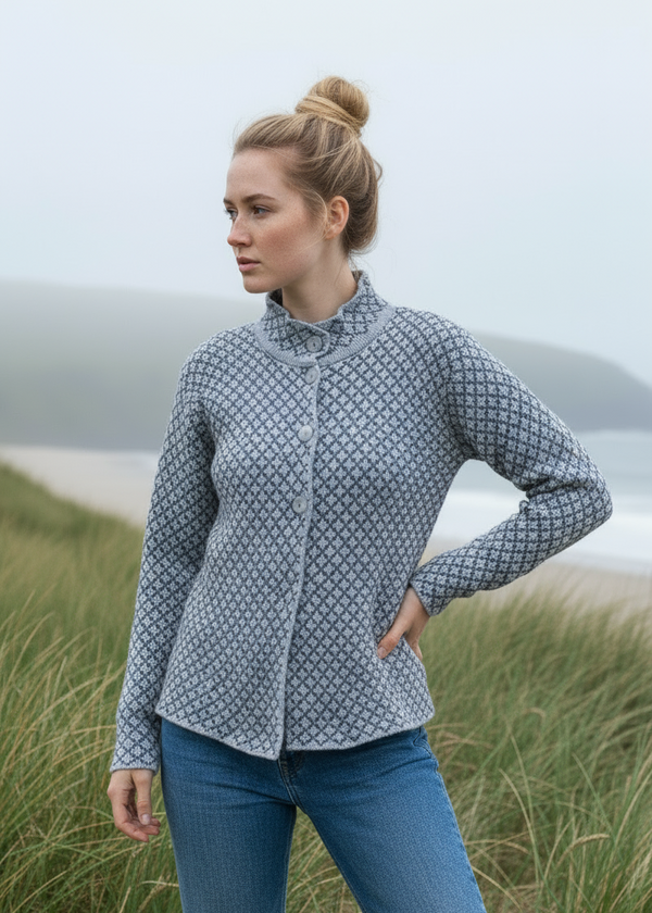 Foxford Chequered Merino Aran Jacket | Grey