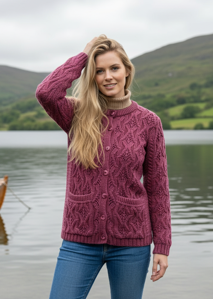 Aran Lace Style Lumber Cardigan | Magenta