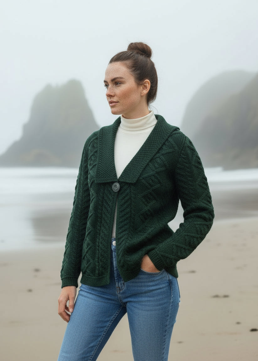 Beltra One Button Aran Cardigan | Green