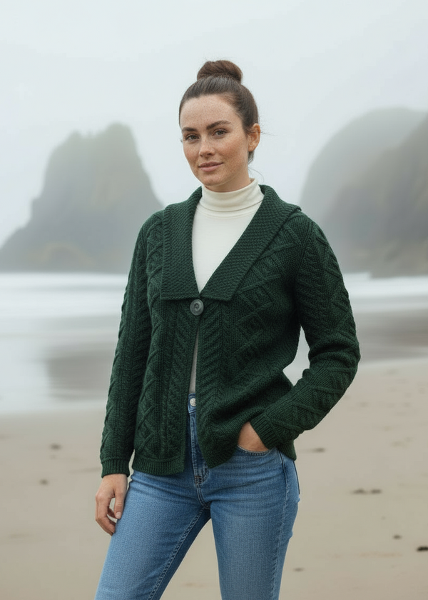 Beltra One Button Aran Cardigan | Green