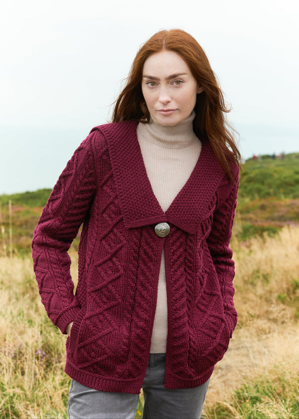 Beltra One Button Aran Cardigan | Wine