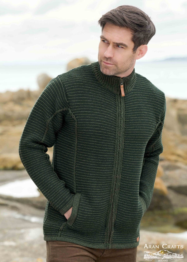 Aran Stripe Full Zip Sweater | Merino Wool | Green