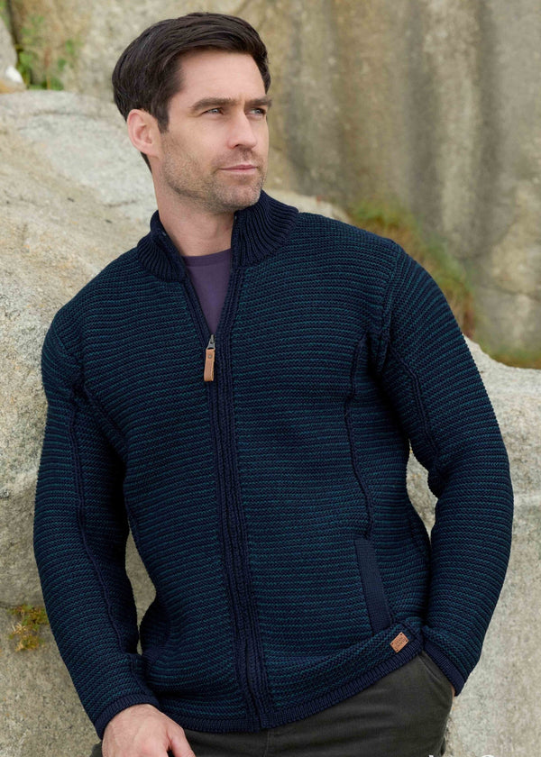 Aran Stripe Full Zip Sweater | Merino Wool | Sherwood