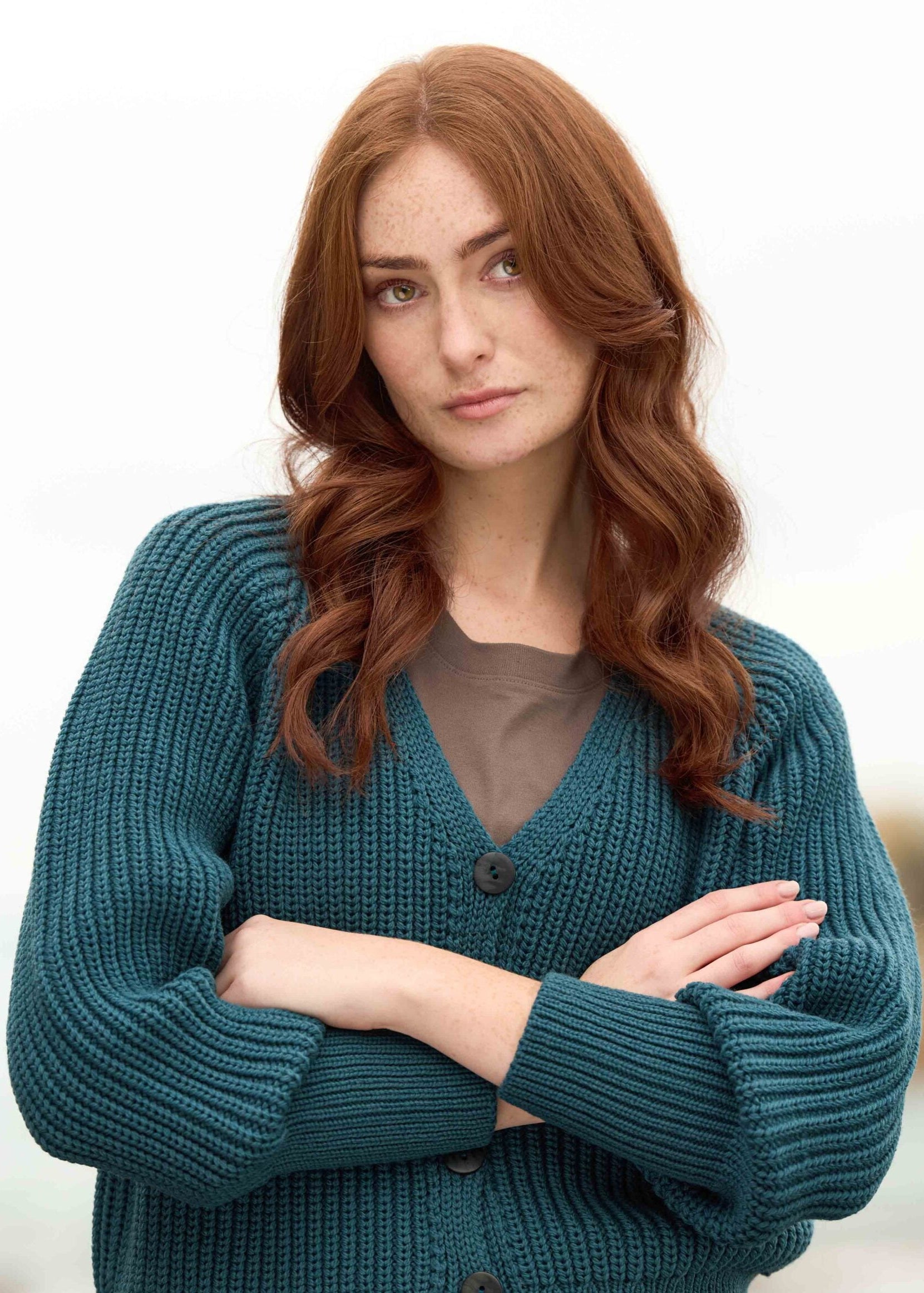 Women's Aran Ribbed Button V Neck Cardigan | Bermuda