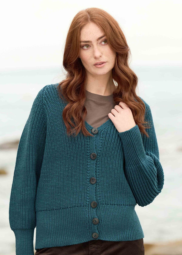 Women's Aran Ribbed Button V Neck Cardigan | Bermuda