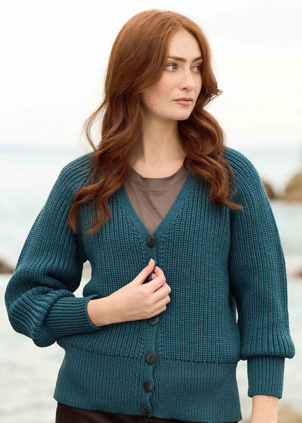 Women's Aran Ribbed Button V Neck Cardigan | Bermuda