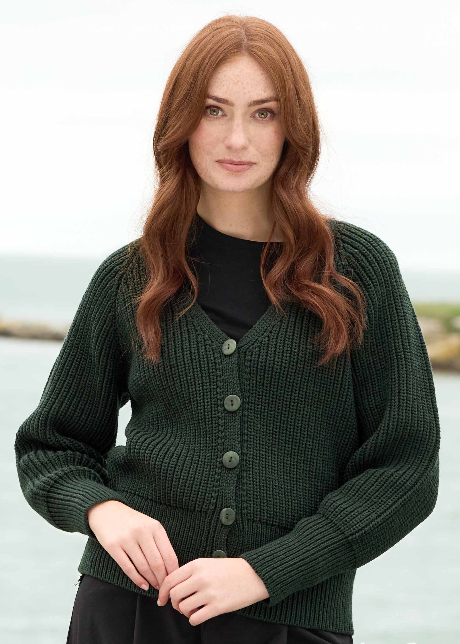 Women's Aran Crafts Ribbed Button V Neck Cardigan | Cedar