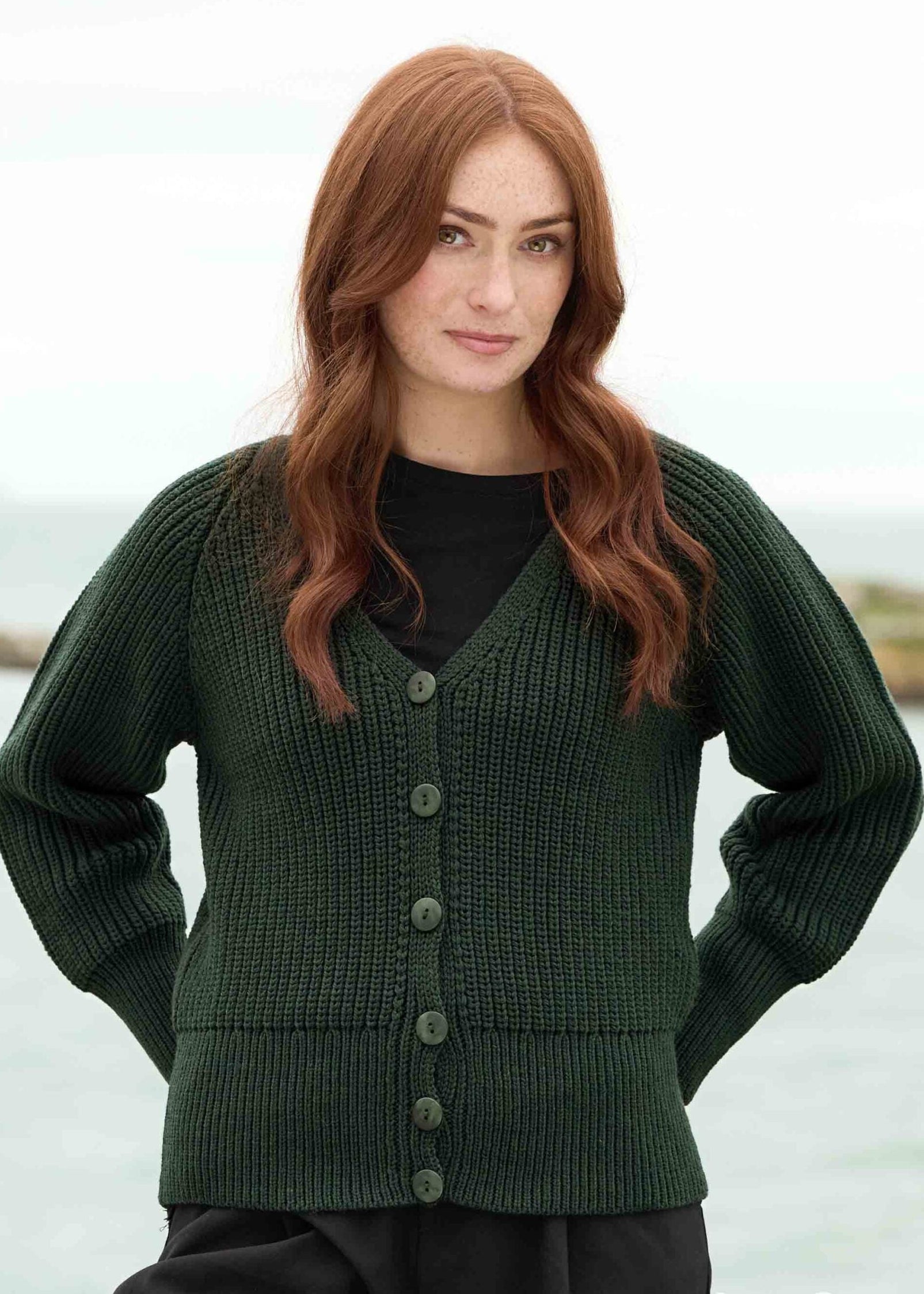 Women's Aran Crafts Ribbed Button V Neck Cardigan | Cedar