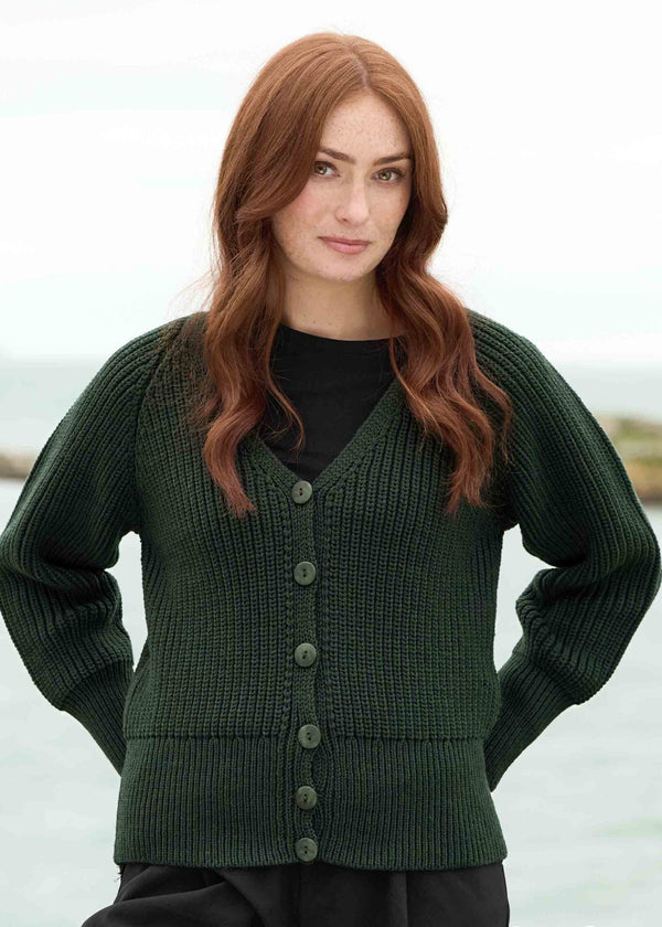 Women's Aran Crafts Ribbed Button V Neck Cardigan | Cedar